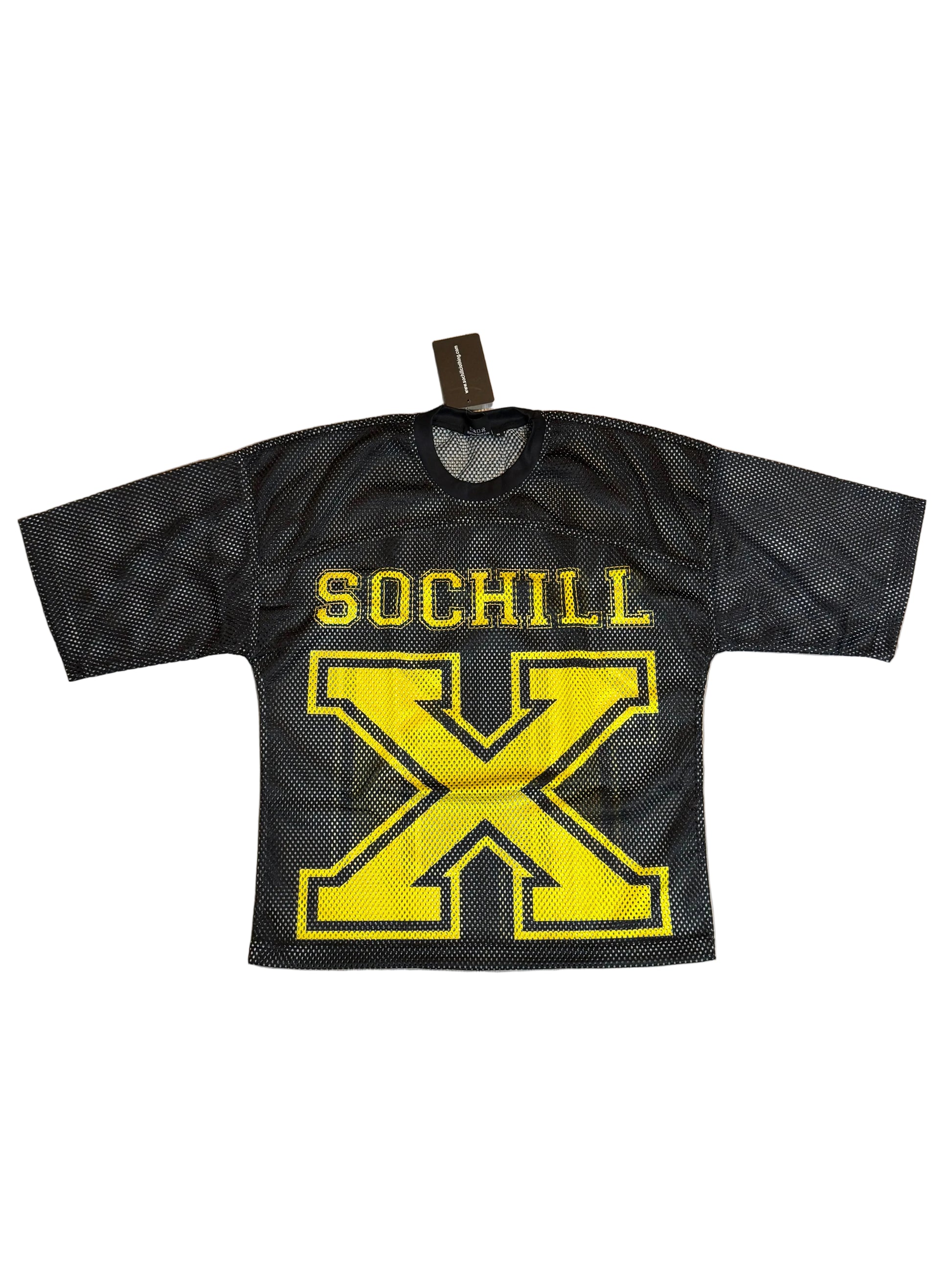 Black mesh sports jersey with yellow letter 'X' and 'SOCHILL' text on a white background